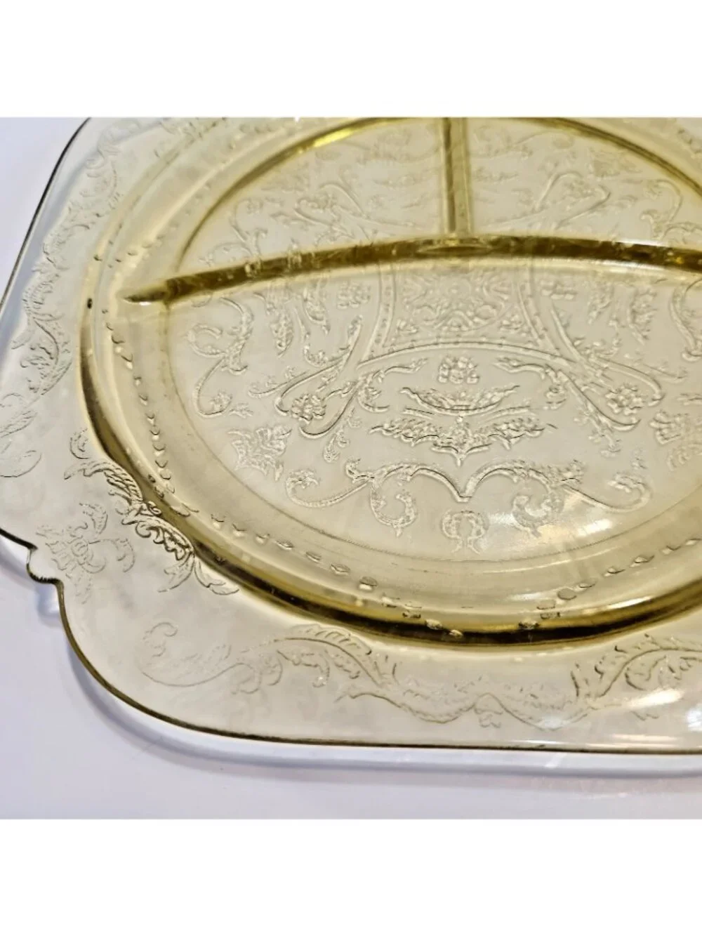 Federal Madrid Etched Divided 3 Section Depression Glass Plate Floral Scrolled